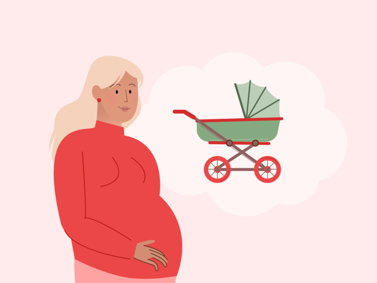 pregnant woman thinking about buying a pram